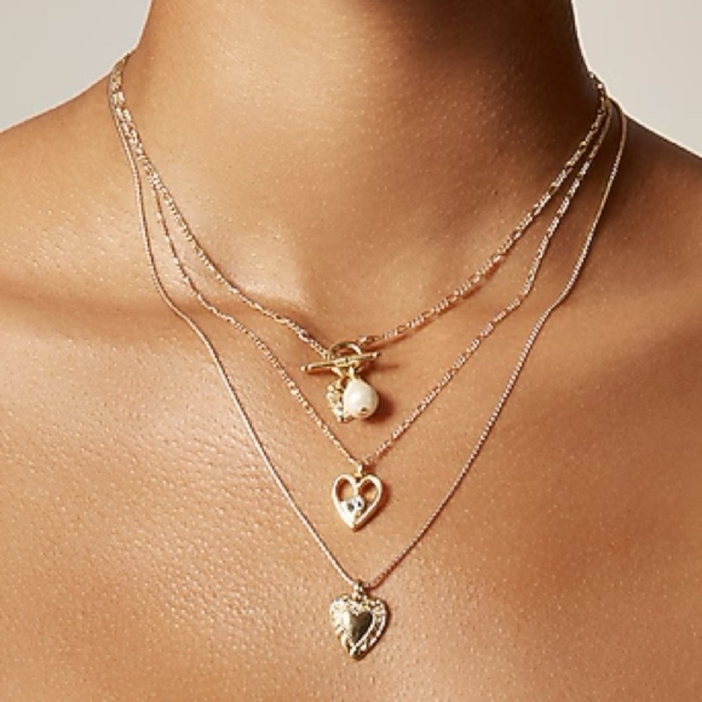 JCrew Trio of Necklaces w/Hearts, Pearl, Clear & Red CZ’s